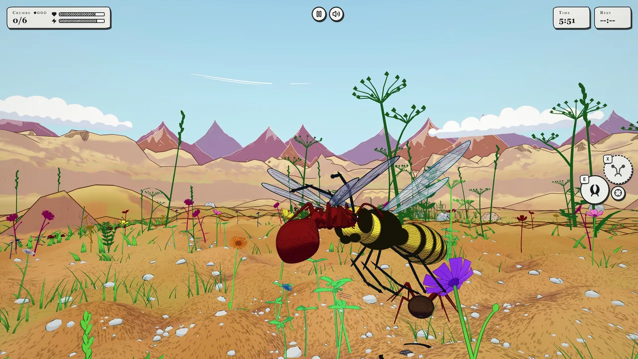 A winged ant fights a wasp in the air above the flowers.