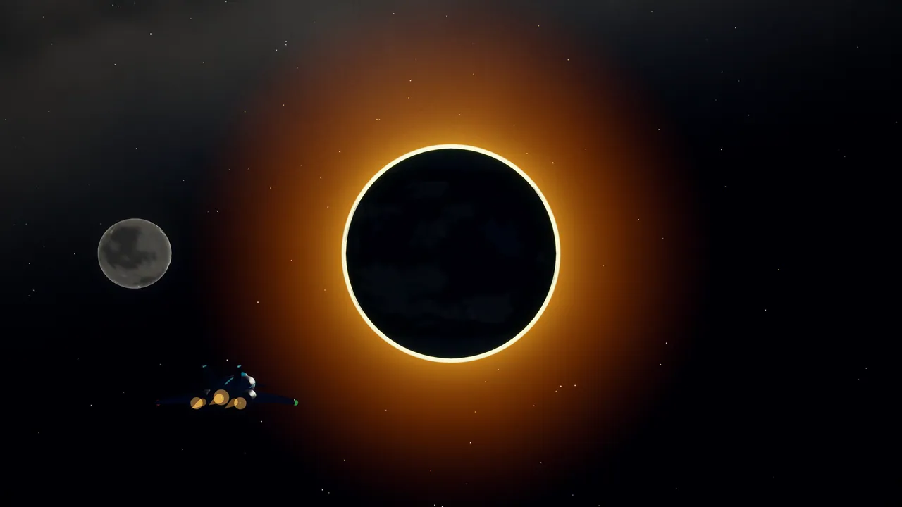 An eclipse: the Earth hides the Sun and leaves a bright ring of light, with the Moon close by.