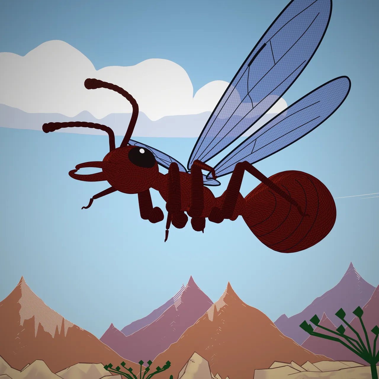 A winged ant in flight against a blue sky and the hills.