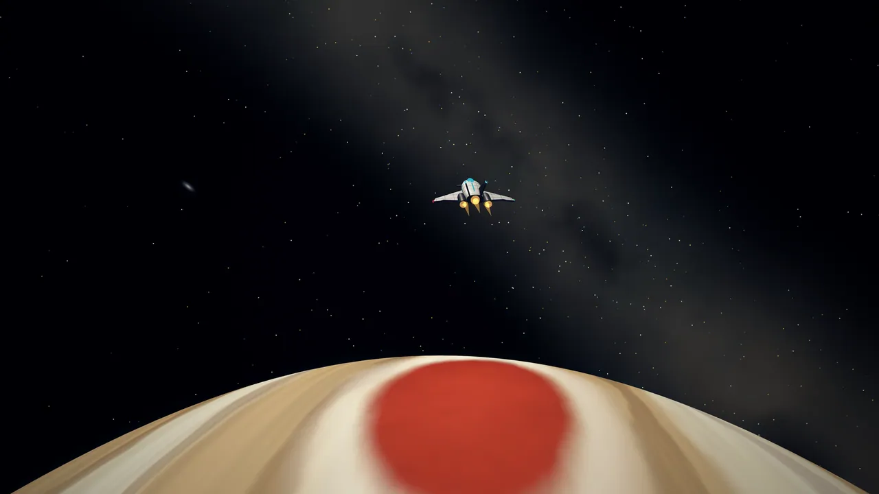 The ship flies low over Jupiter, above the Great Red Spot.