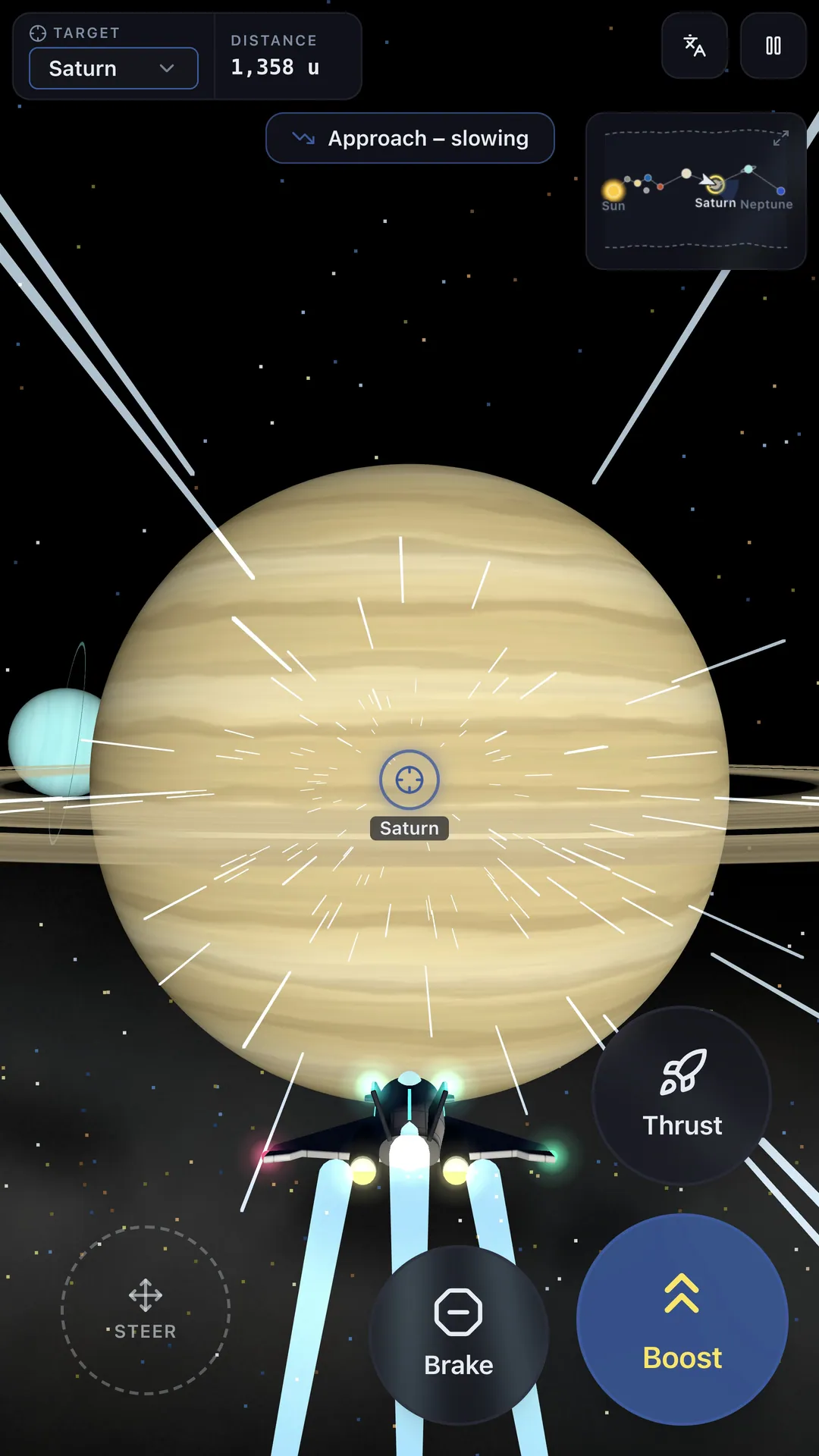 Boost toward Saturn on a phone, with speed lines around the ship.
