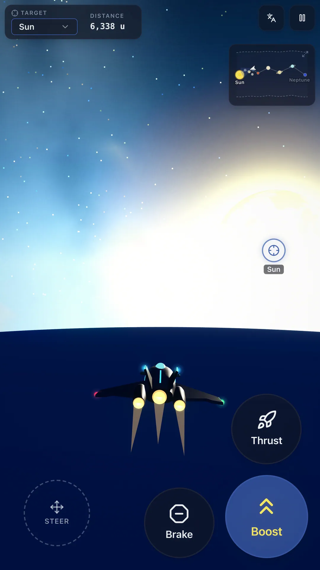 Sunrise over the sea on a phone, with the touch buttons for Thrust, Boost and Brake.