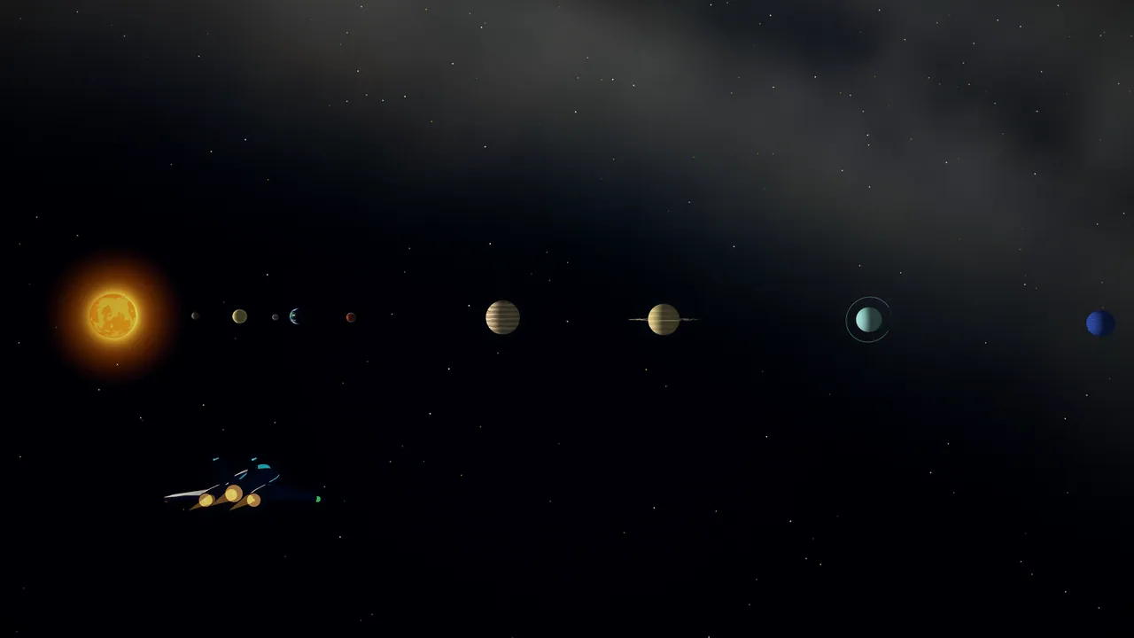 All the planets in one row from the Sun, with the ship in front.