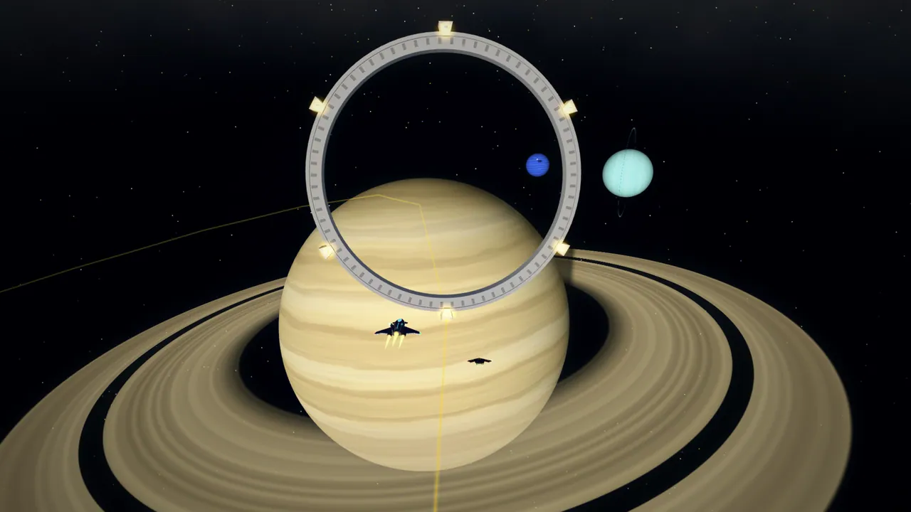 The race at Saturn: the ship flies through a ring gate right behind the rival.