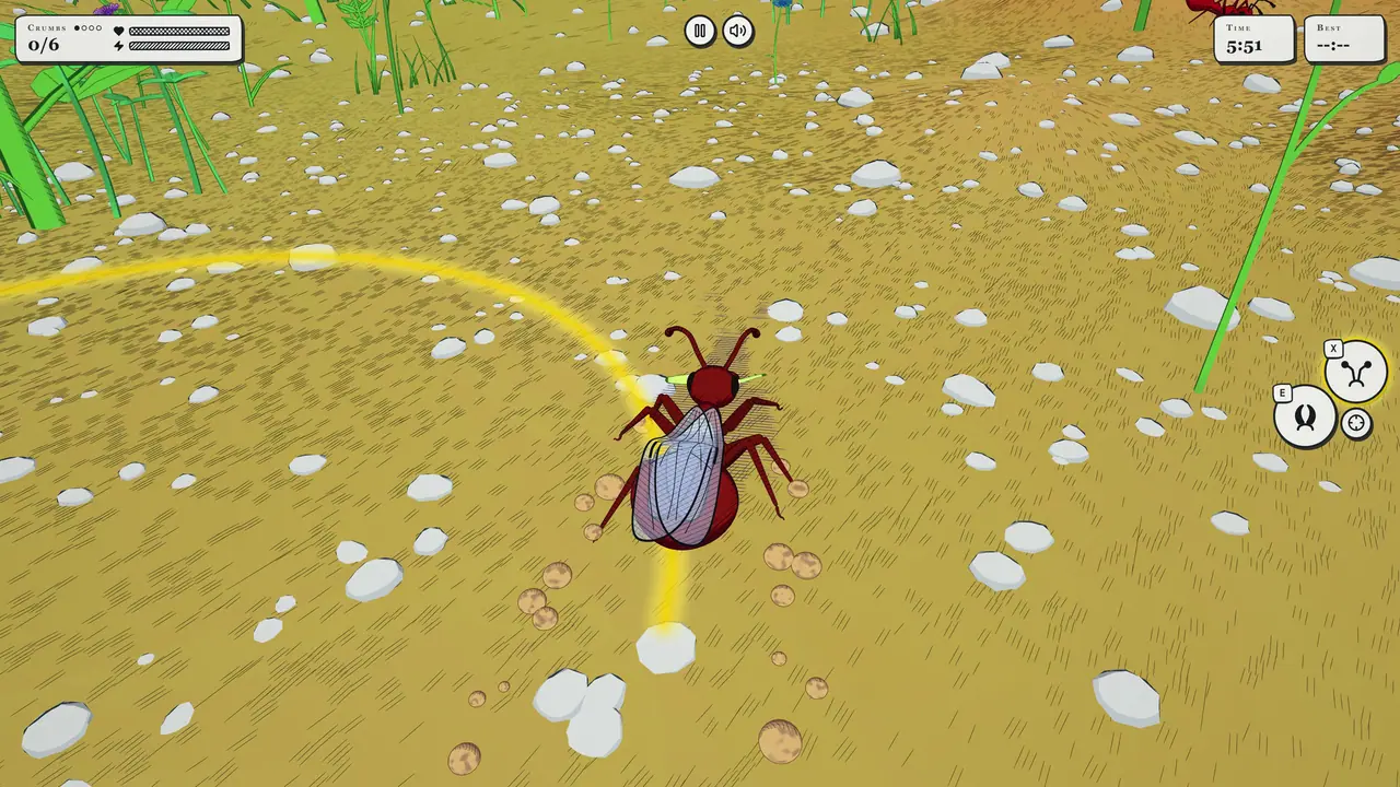 An ant follows a yellow scent trail across the ground.
