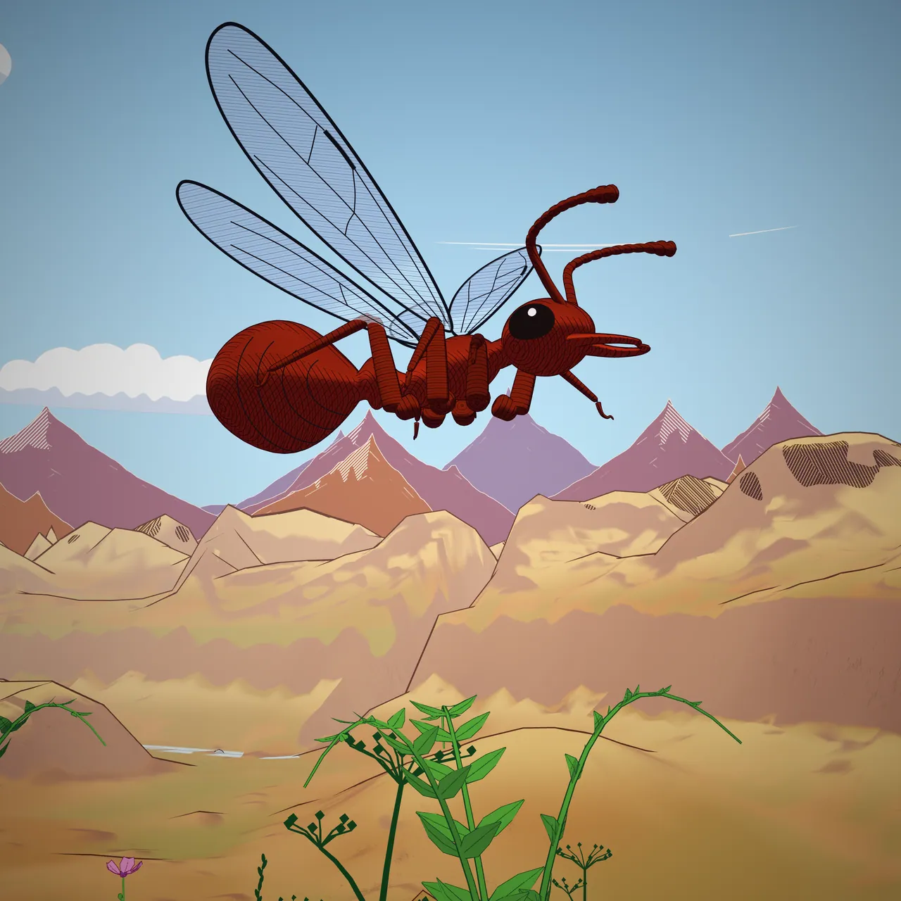 A winged ant flies over the hills and the flowers.